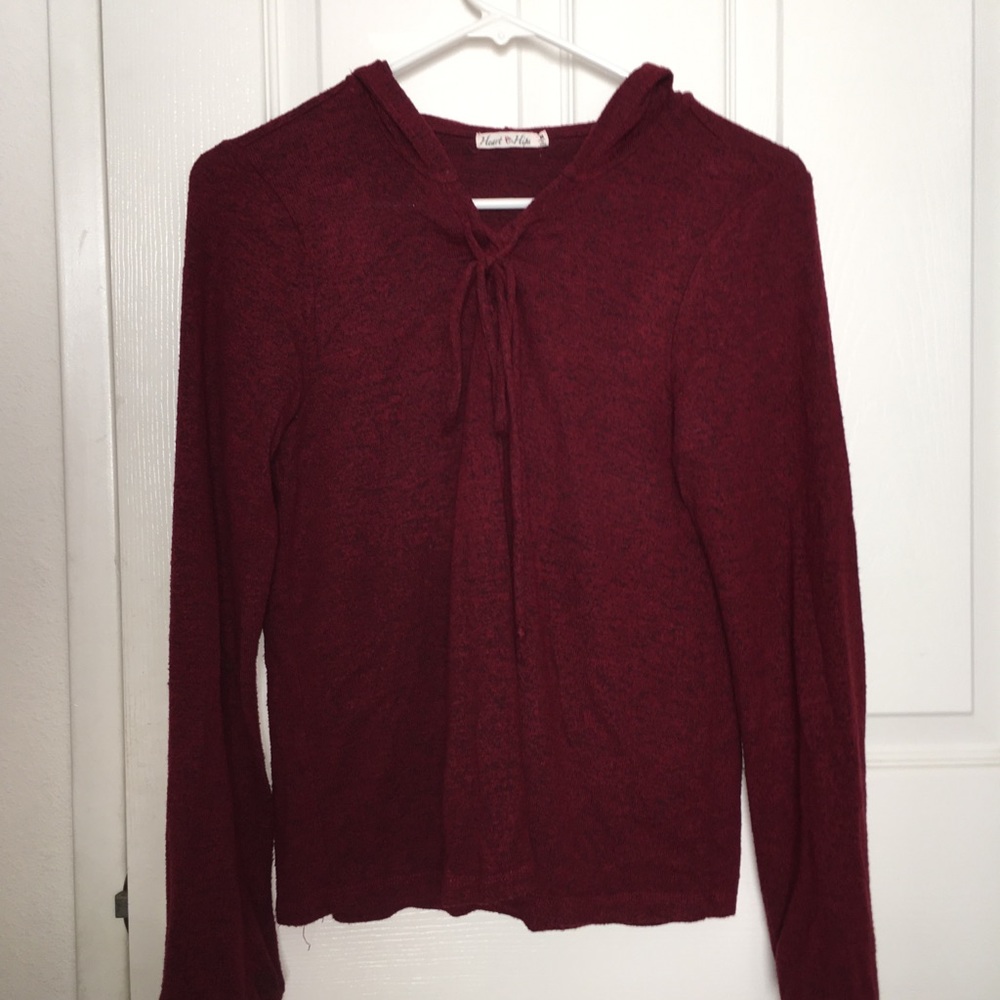 Hearts & Hips Burgundy Sweater with Tie Cross
